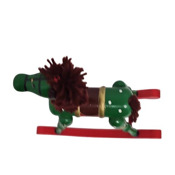 Vintage Classic Green and Red Wooden Rocking Horse w/Yarn Mane Christmas Decor - Picture 5 of 11